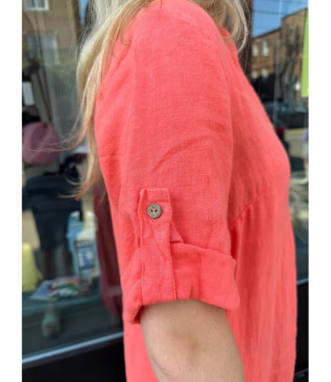 Linen Dress Short Sleeve - Coral