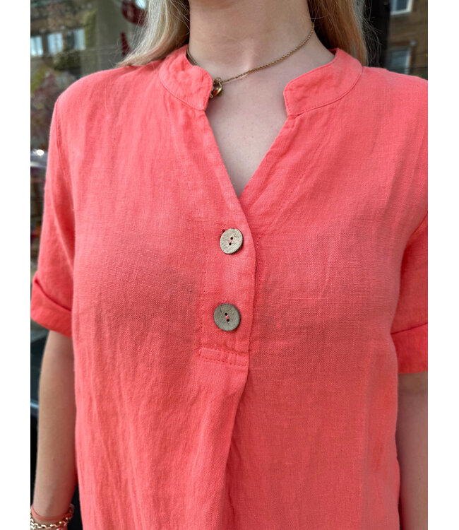 Linen Dress Short Sleeve - Coral