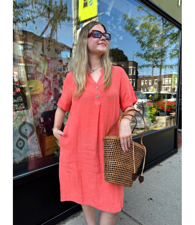 Linen Dress Short Sleeve - Coral