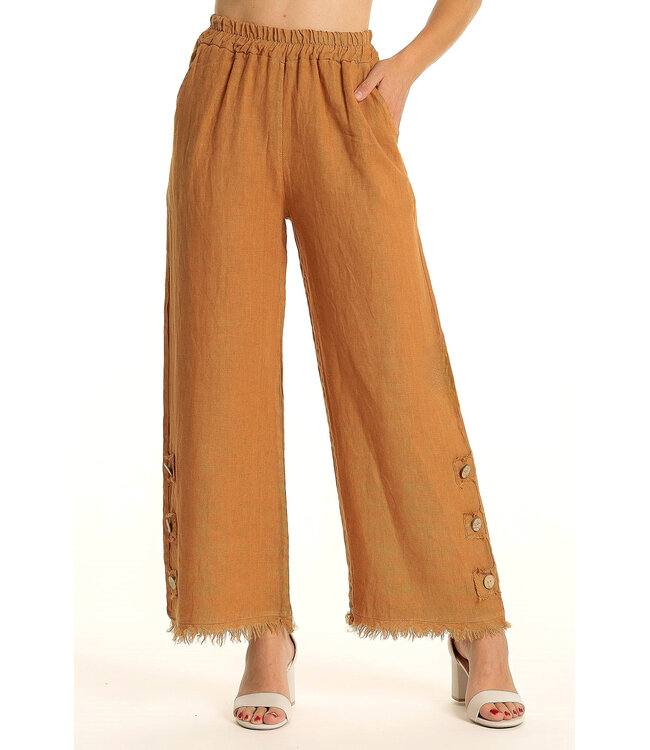 Linen Pants w/Button Detail & Fringe Hem - Cotto