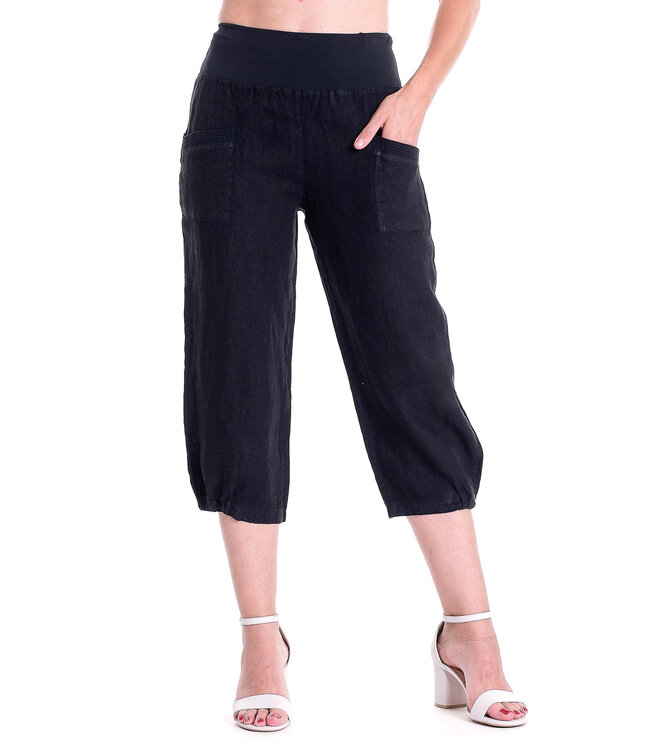 Linen Capri w/Wide Waistband & Mesh Hem - Black