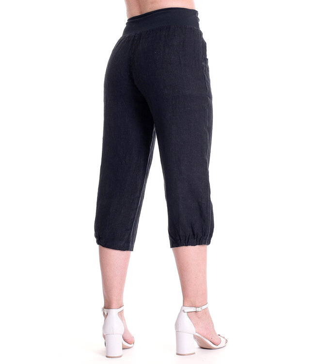 Linen Capri w/Wide Waistband & Mesh Hem - Black