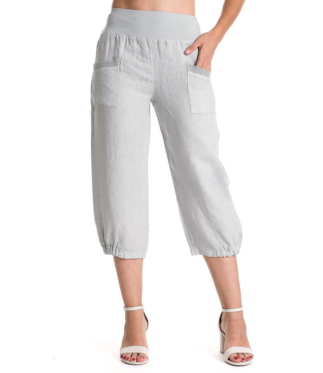 Linen Capri w/Wide Waistband & Mesh Hem - Grey