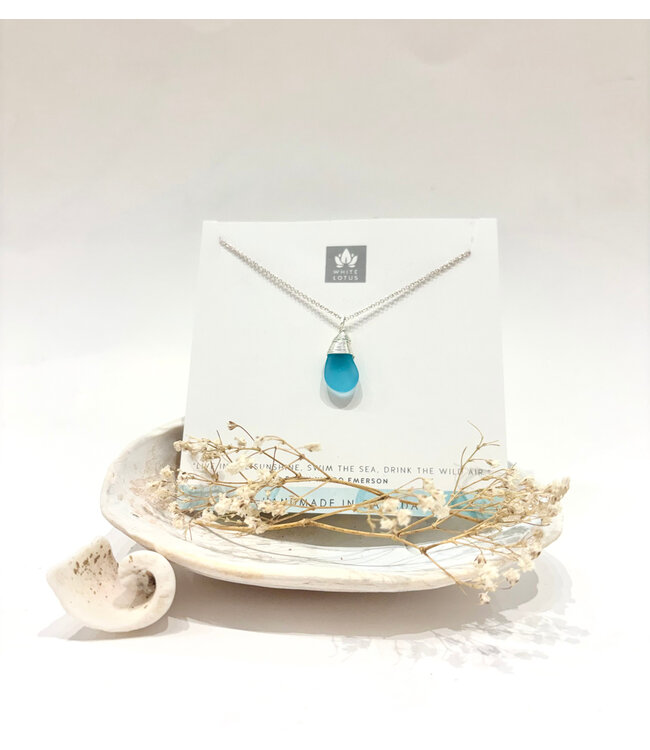 White Lotus Design Wire Wrap Teardrop Seaglass Necklace - Assorted