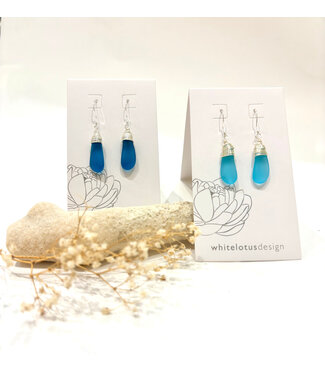 White Lotus Design Wire Wrap Drop Seaglass Earrings - Assorted