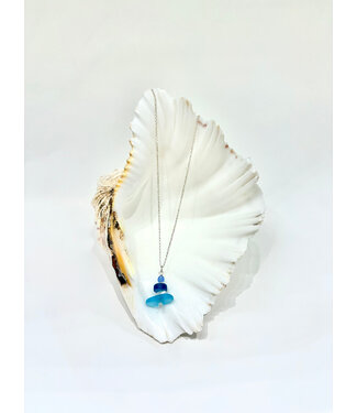 White Lotus Design Vertical Oblong Stacked Seaglass Necklace - Blue