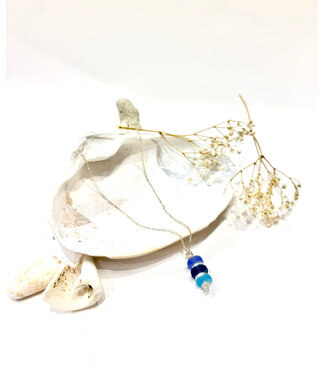 White Lotus Design Vertical Stacked Seaglass Necklace - Blue