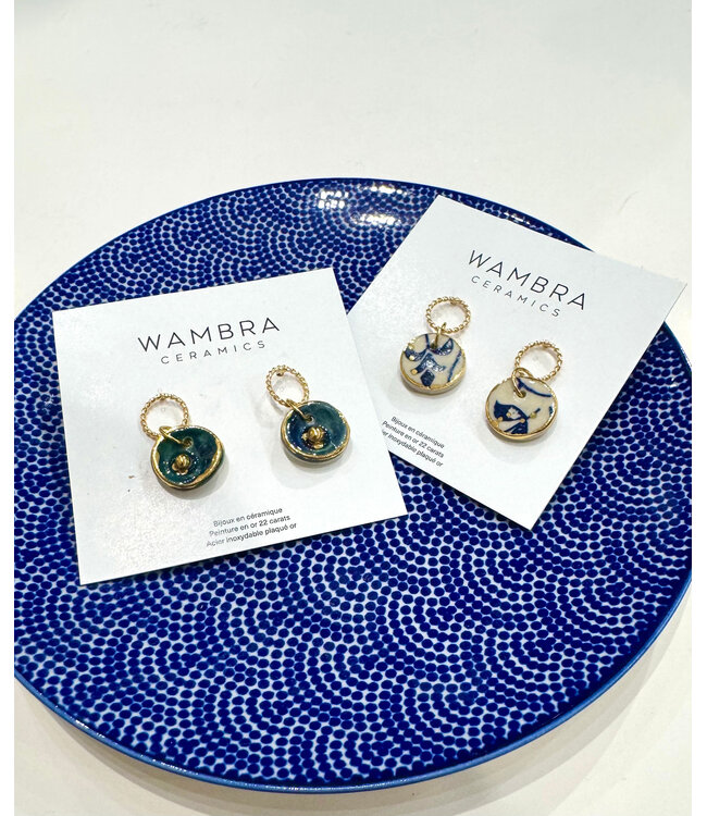 Wambra Ceramics Circle Pendant Hoop Earrings - White / Blue