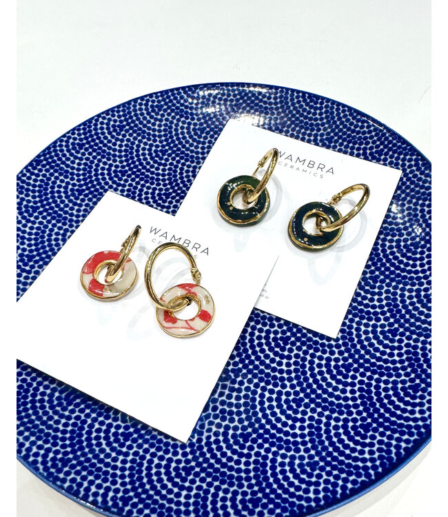Wambra Ceramics Circle Pendant Hoop Earrings - Dark Green