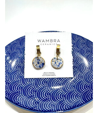 Wambra Ceramics Circle Pendant Hoop Earrings - White/Blue