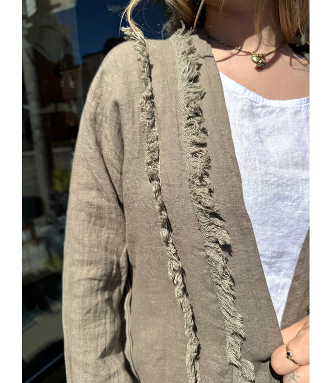 Linen Fringe Cardigan - Taupe