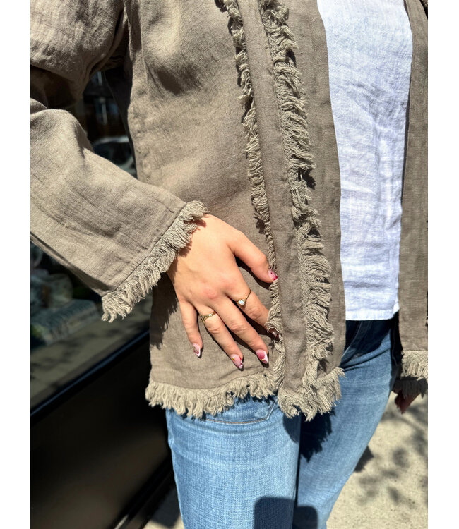 Linen Fringe Cardigan - Taupe
