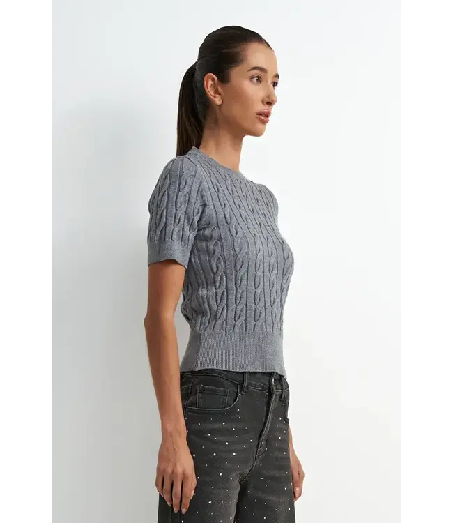 Astrid Cable Knit Short Sleeve Sweater - Grey