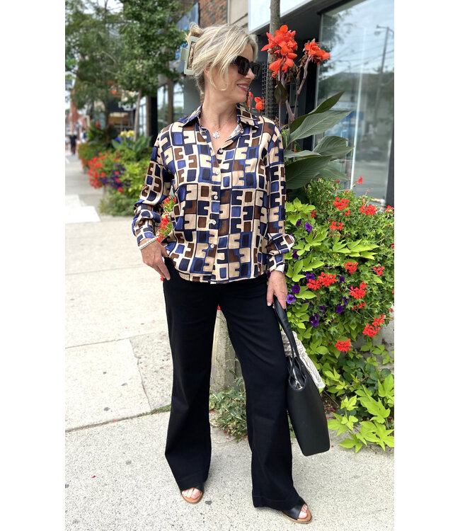 Astrid Geo Button-Up Blouse - Blue Geo
