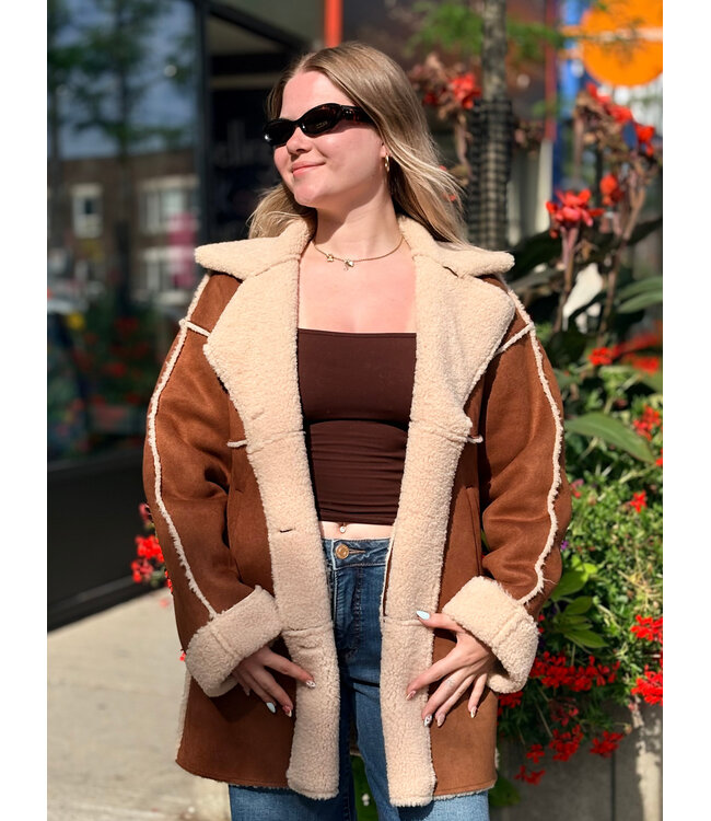 Cream Tekla Shearling Coat - Leather Brown