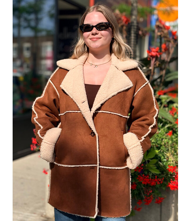 Cream Tekla Shearling Coat - Leather Brown