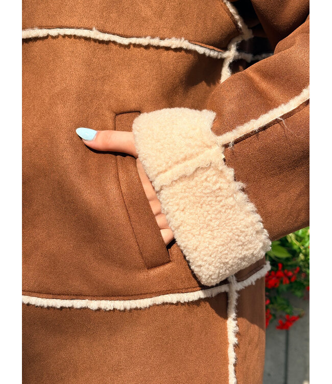 Cream Tekla Shearling Coat - Leather Brown