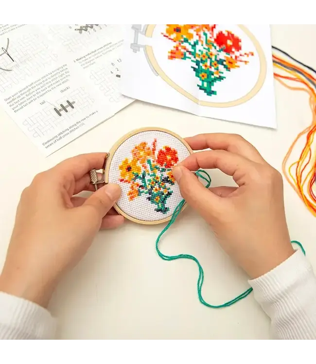 Kikkerland Design Inc. Mini Cross Stitch Embroidery Kit - Flowers