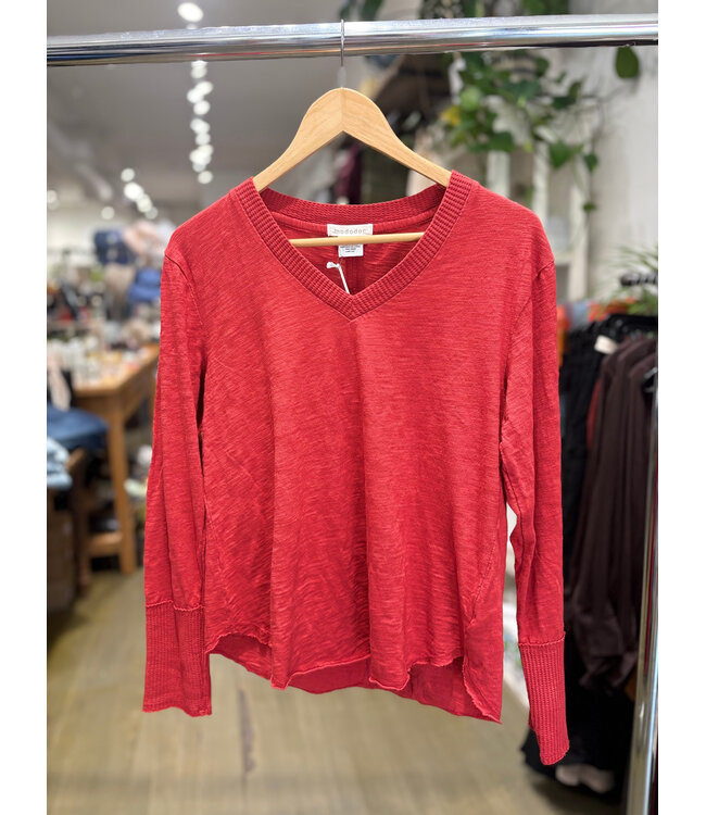 Mododoc Waffle Mix V-Neck Long Sleeve - Rust Flare