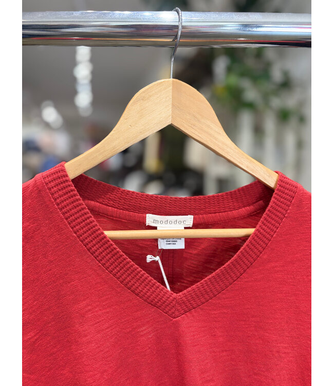Mododoc Waffle Mix V-Neck Long Sleeve - Rust Flare