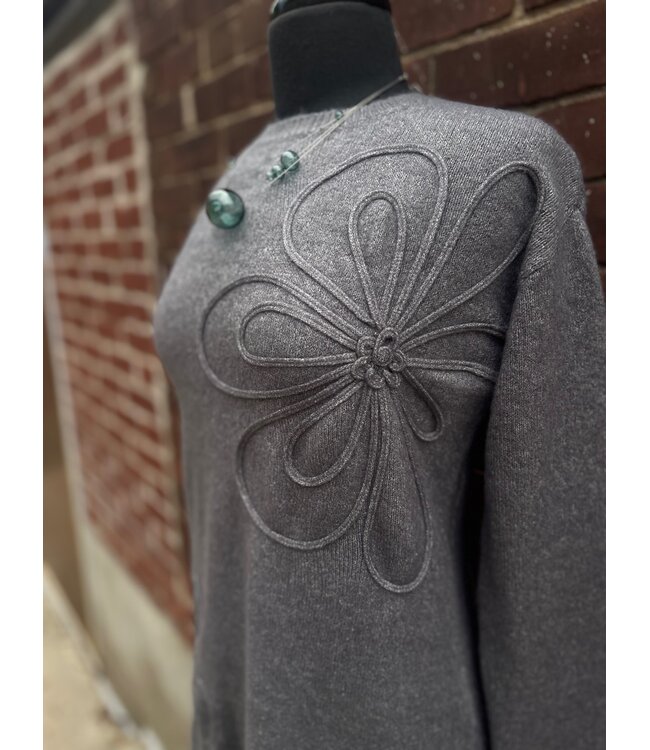 Point Zero Knit Dress w/Floral Applique - Charcoal