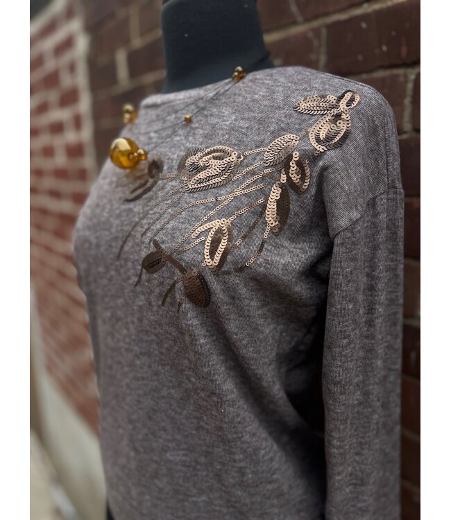 Point Zero Floral Sequin Pullover - Brown
