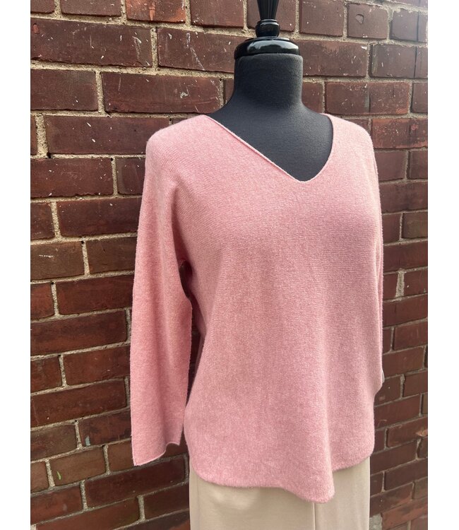 Angela Mara Roll Hem V-Neck Pullover - Rose