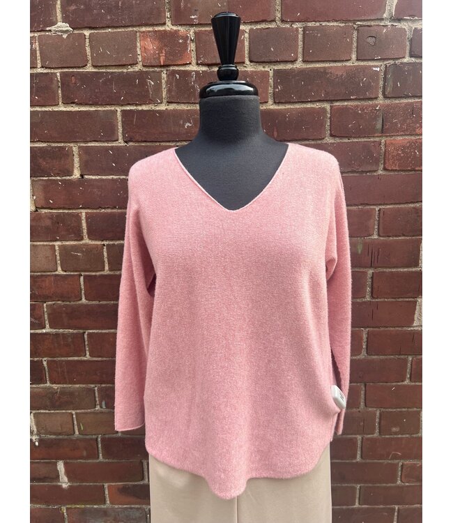 Angela Mara Roll Hem V-Neck Pullover - Rose