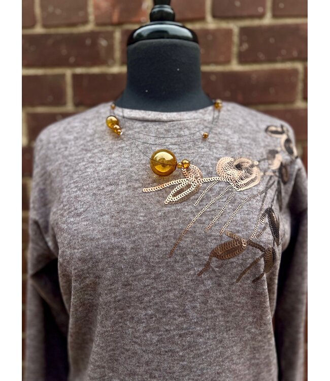 Point Zero Floral Sequin Pullover - Brown