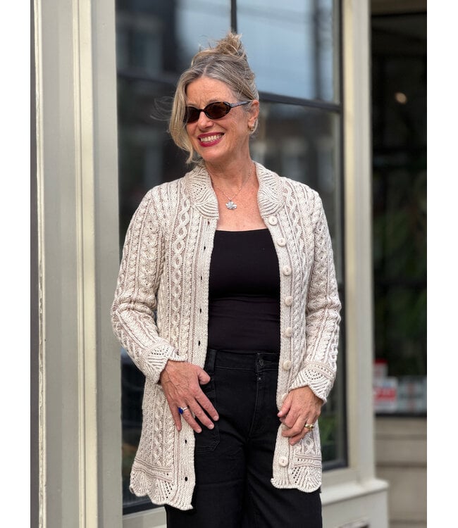Aran Crafts Button Cardigan w/ Scallop Edge - Stone
