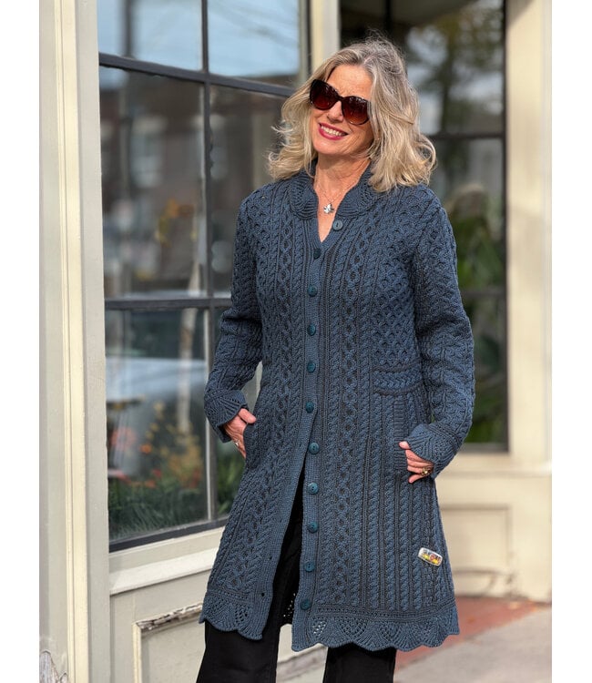 Aran Crafts Long Button Cardigan w/Lace - Mallard Mix