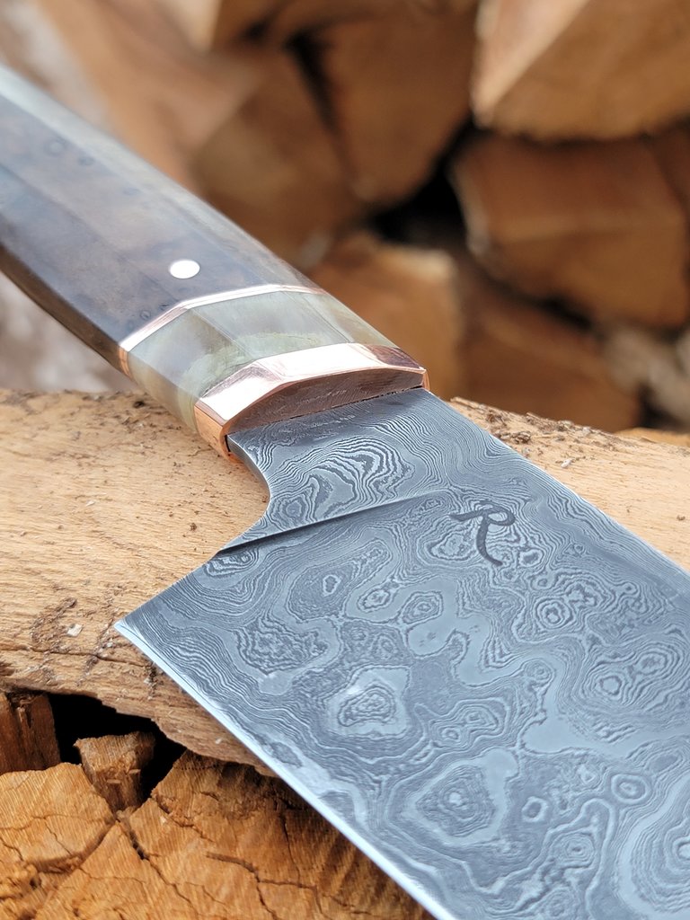 Rhymer Knives Rhymer Knives - Damascus Chef Knife - Walnut Burl & Rams Horn Handle