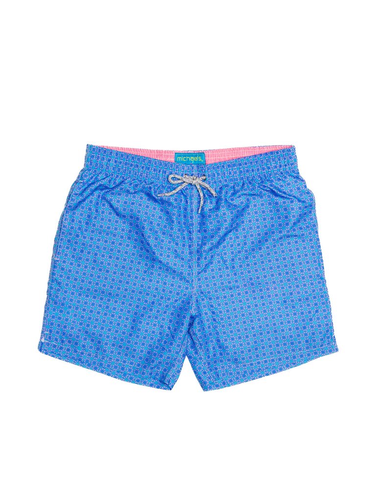 Michael's Swimwear - Ethnic Tile Print Swim Trunks - Blue/Coral