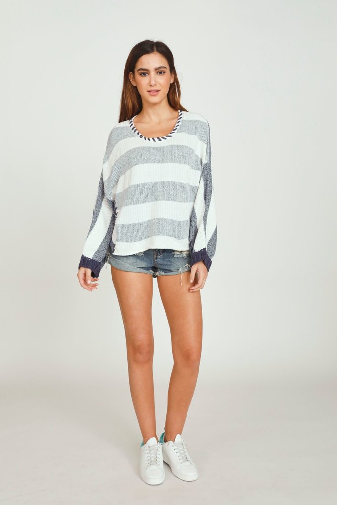 Ocean Drive Whip Stitch Knit Sweater w/Stripes