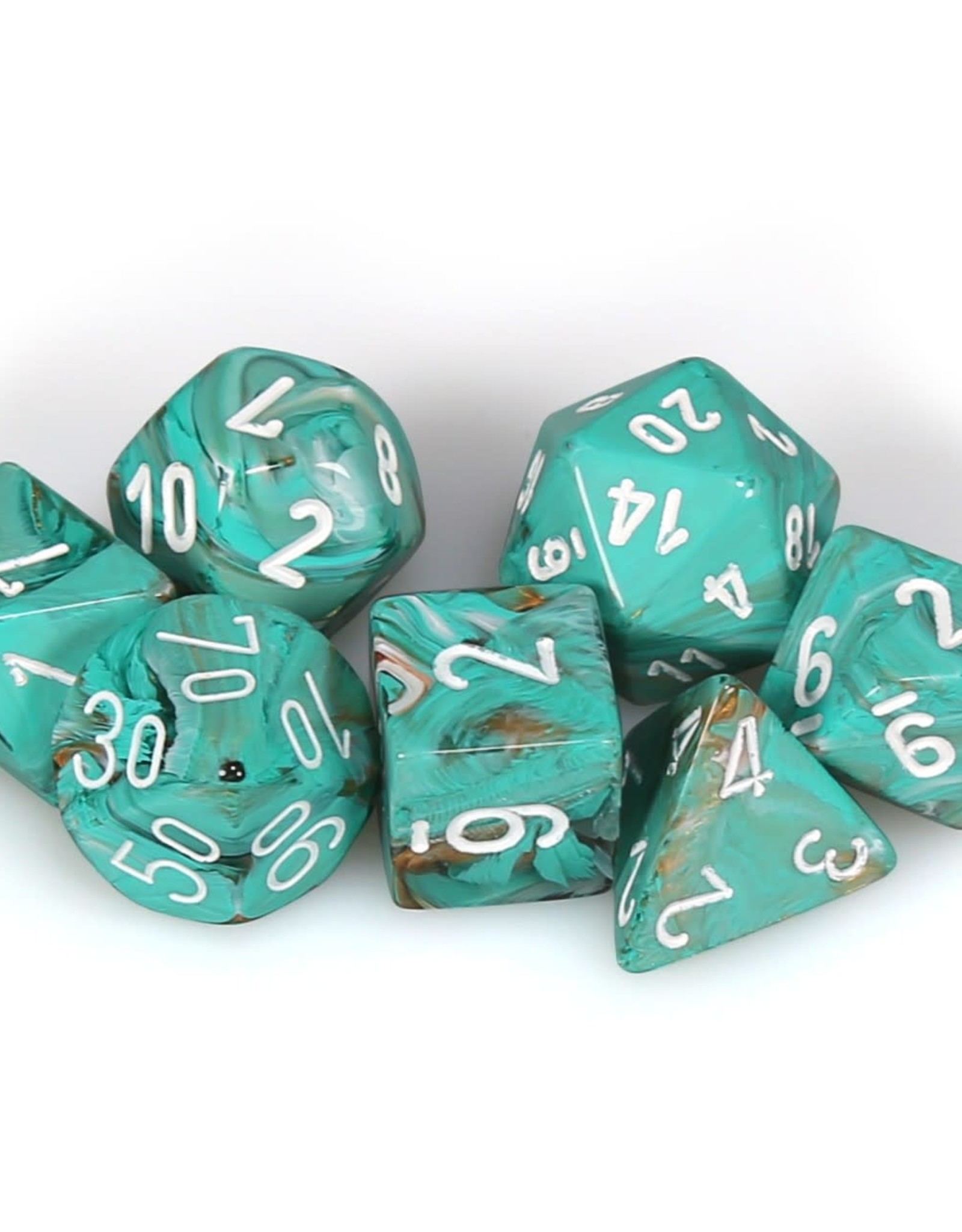 Chessex CHX Marble Dice: Oxi-Copper/White Poly 7-Die Set 27403