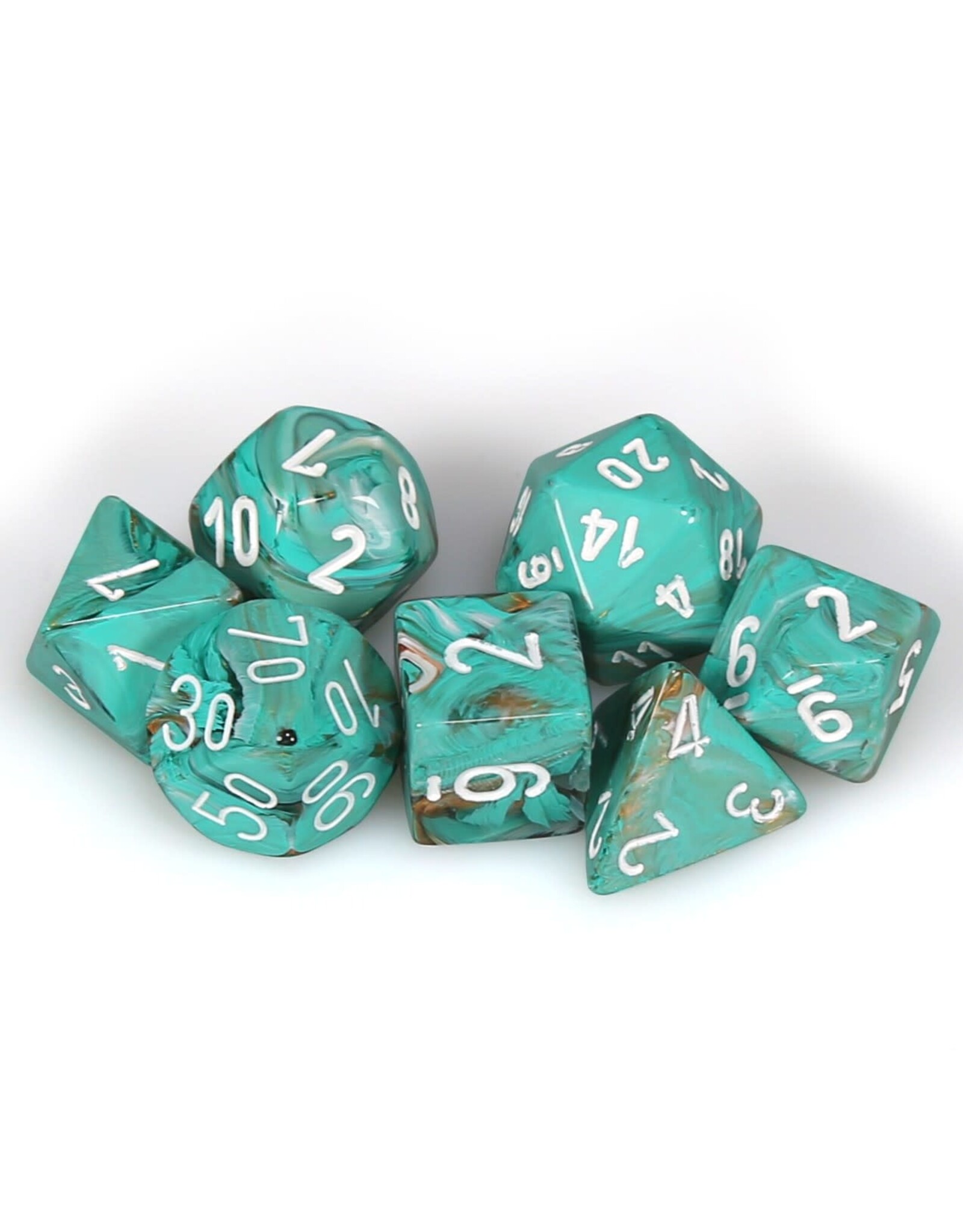 Chessex CHX Marble Dice: Oxi-Copper/White Poly 7-Die Set 27403