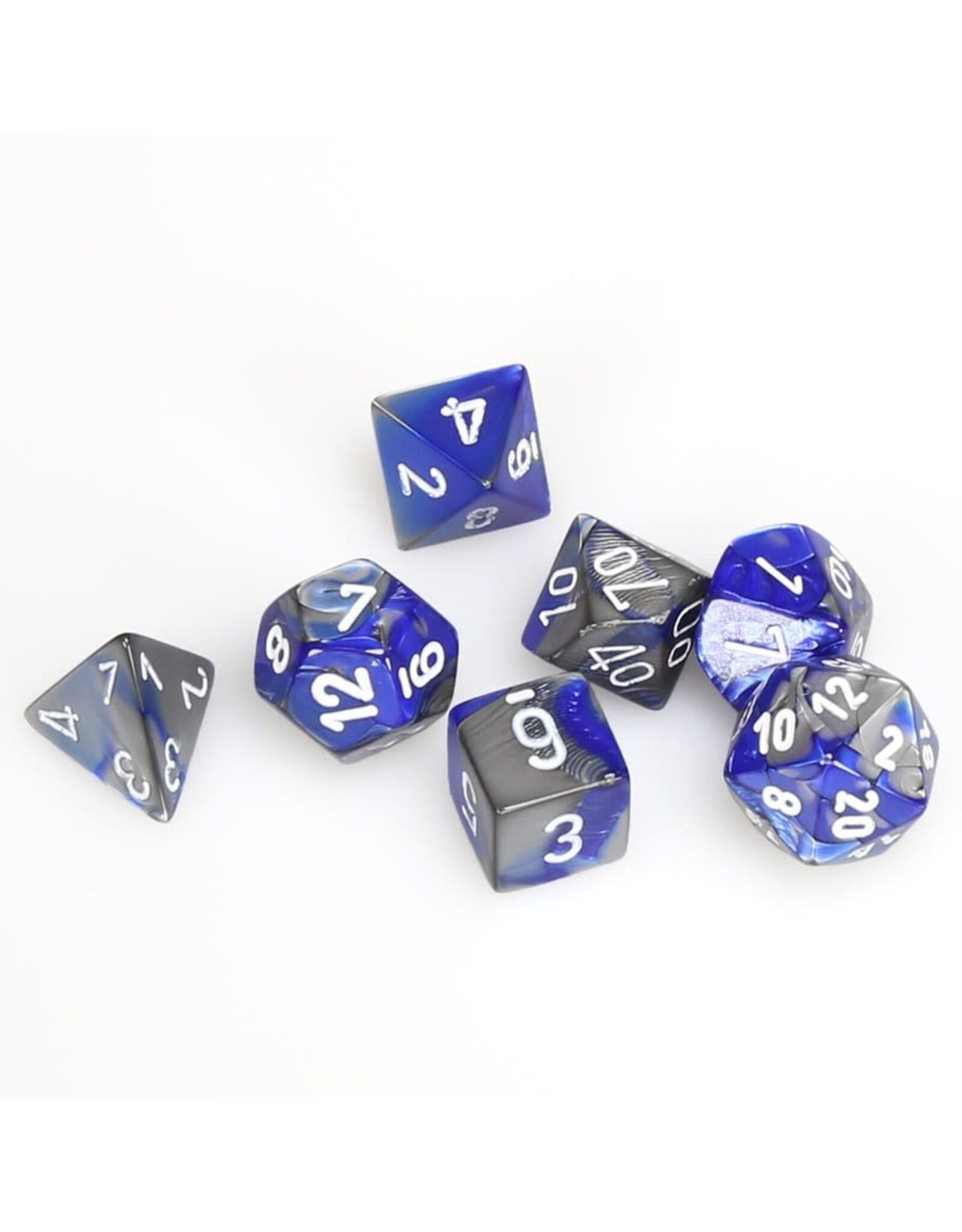 Chessex CHX Gemini Dice: Blue-Steel/White Poly 7-Die Set 26423