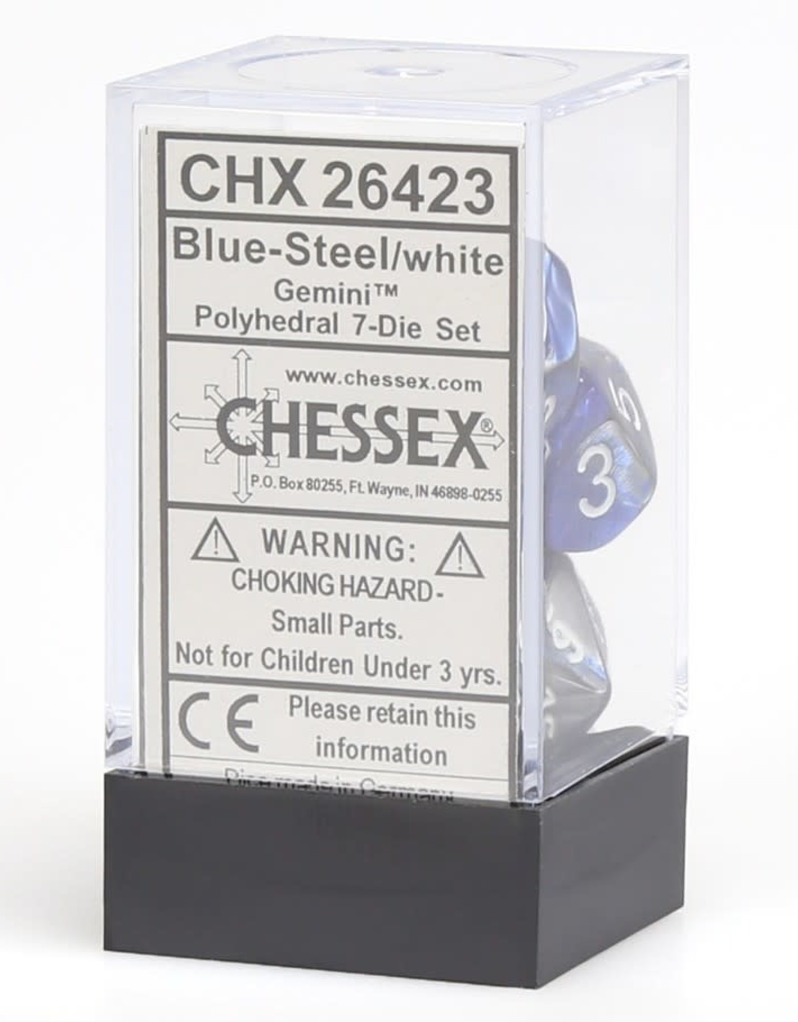 Chessex CHX Gemini Dice: Blue-Steel/White Poly 7-Die Set 26423