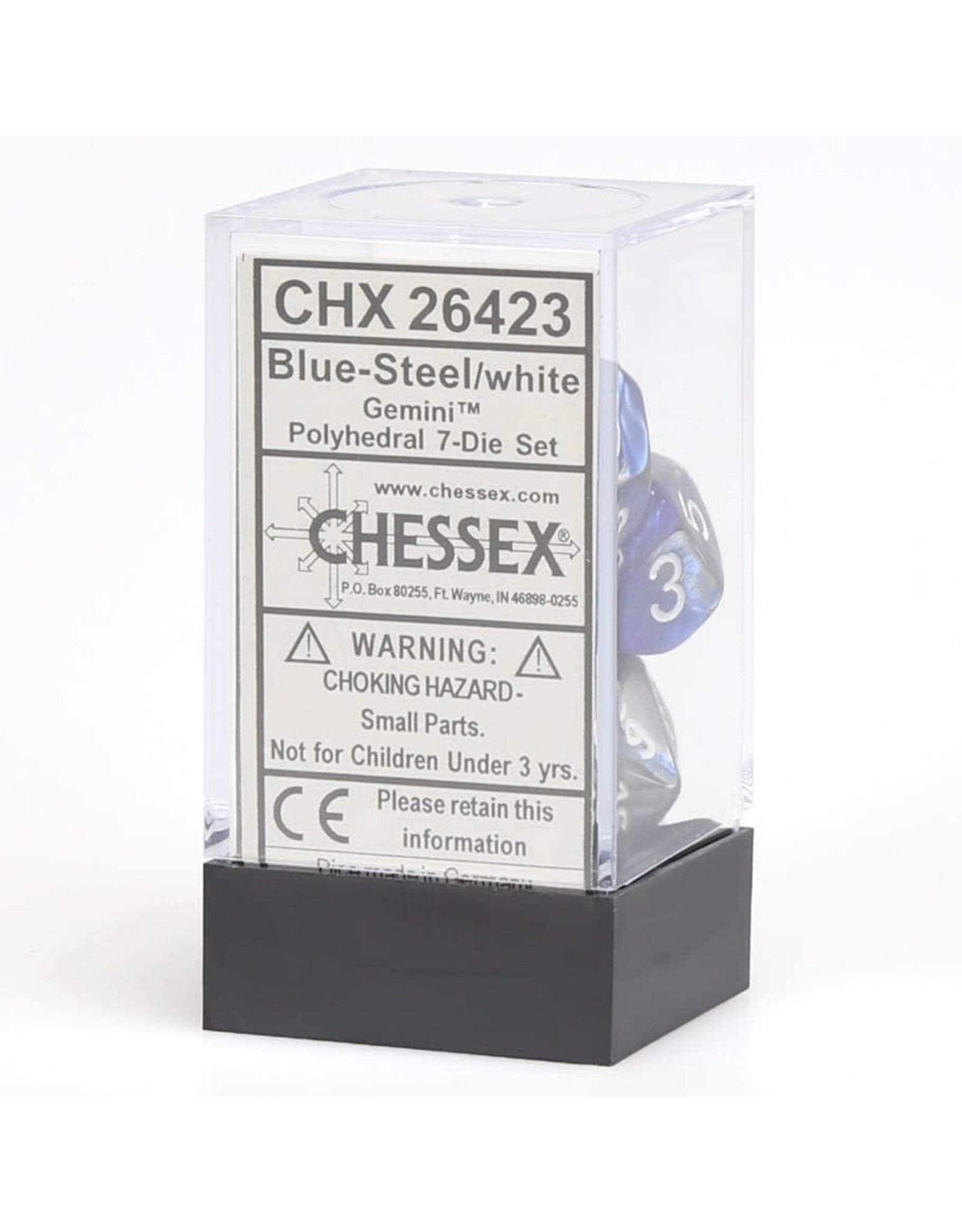Chessex CHX Gemini Dice: Blue-Steel/White Poly 7-Die Set 26423