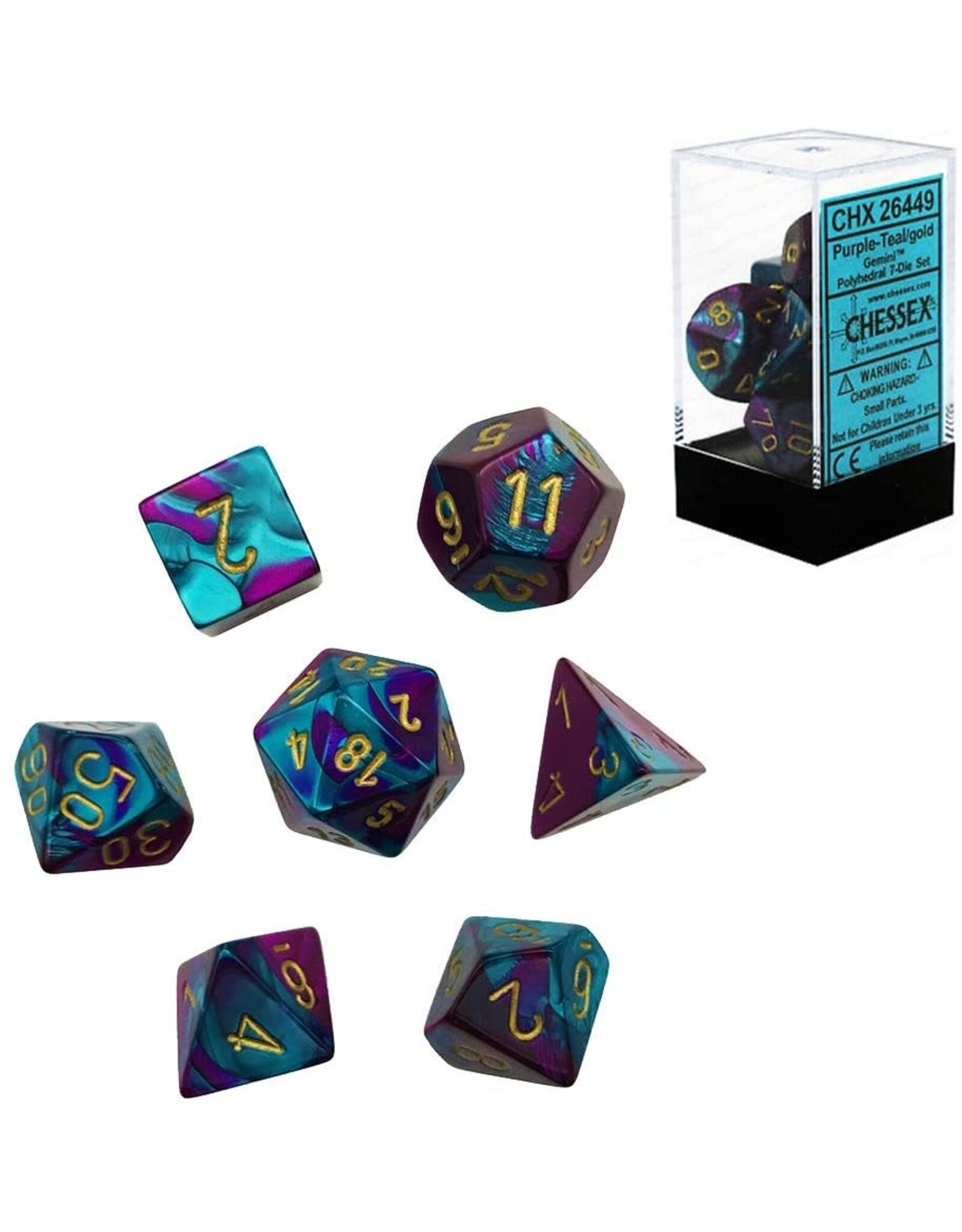 Chessex CHX Gemini Dice: Purple-Teal/Gold Poly 7-Die Set 26449