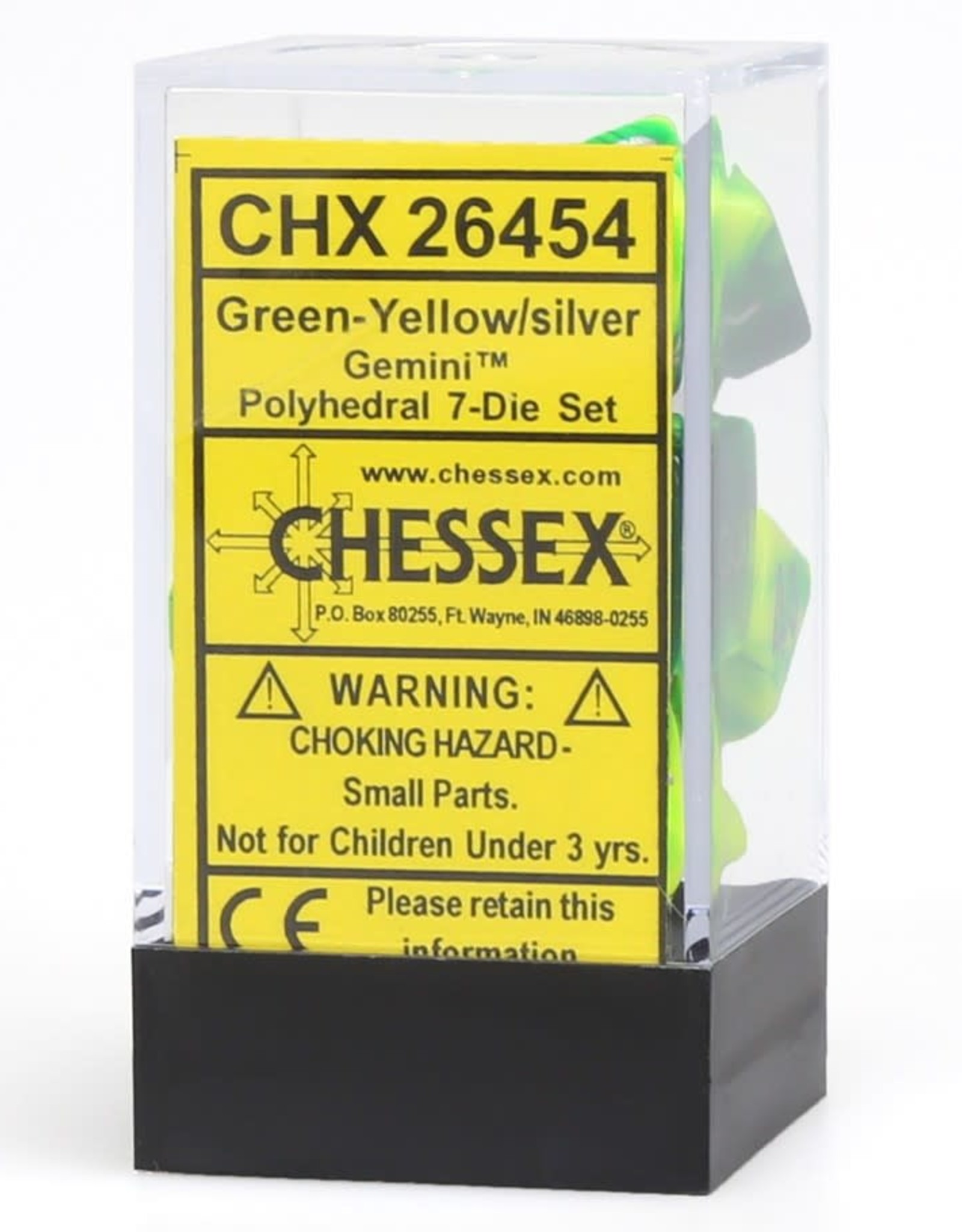 Chessex CHX Gemini Dice: Green-Yellow/Silver Poly 7-Die Set 26454