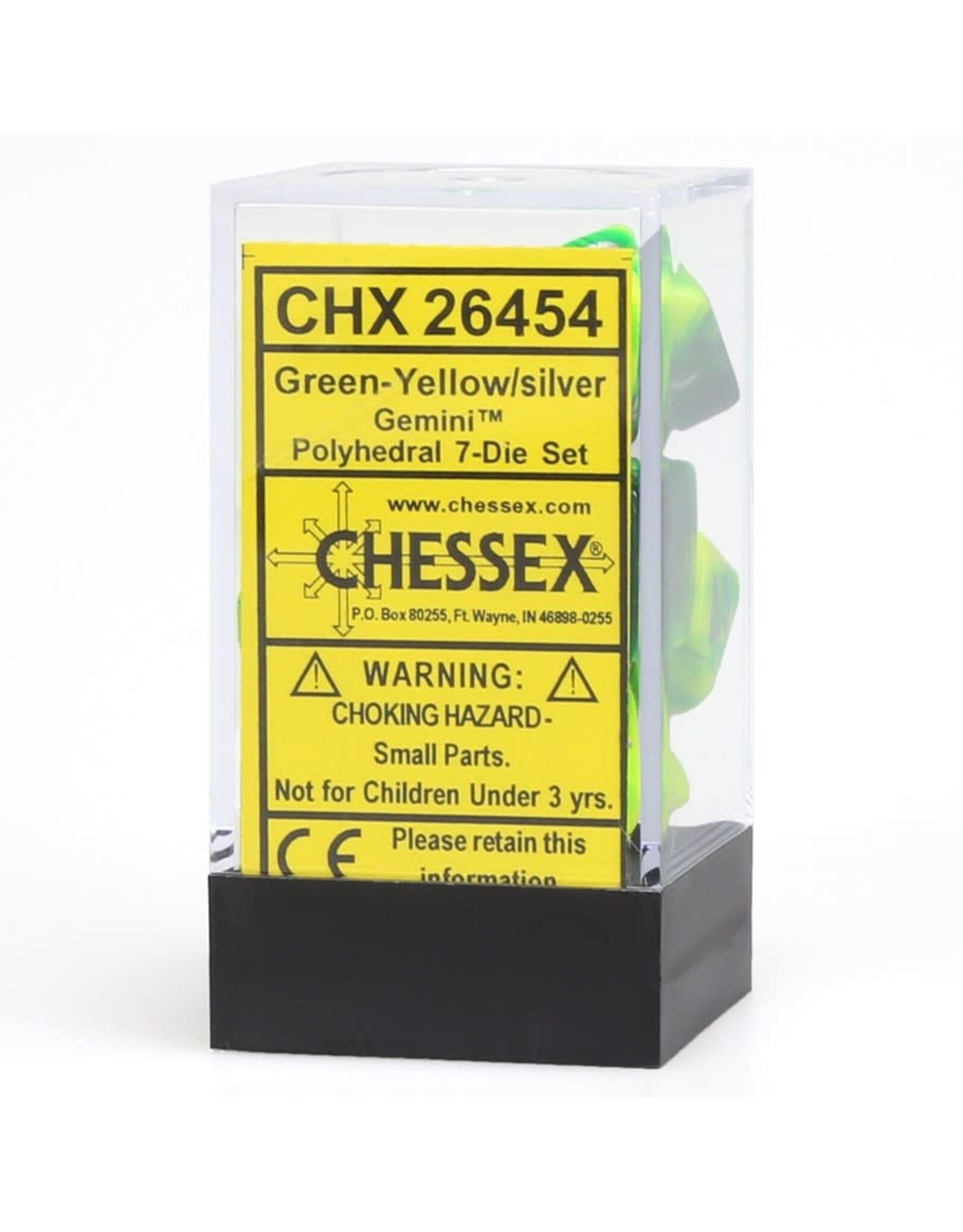 Chessex CHX Gemini Dice: Green-Yellow/Silver Poly 7-Die Set 26454