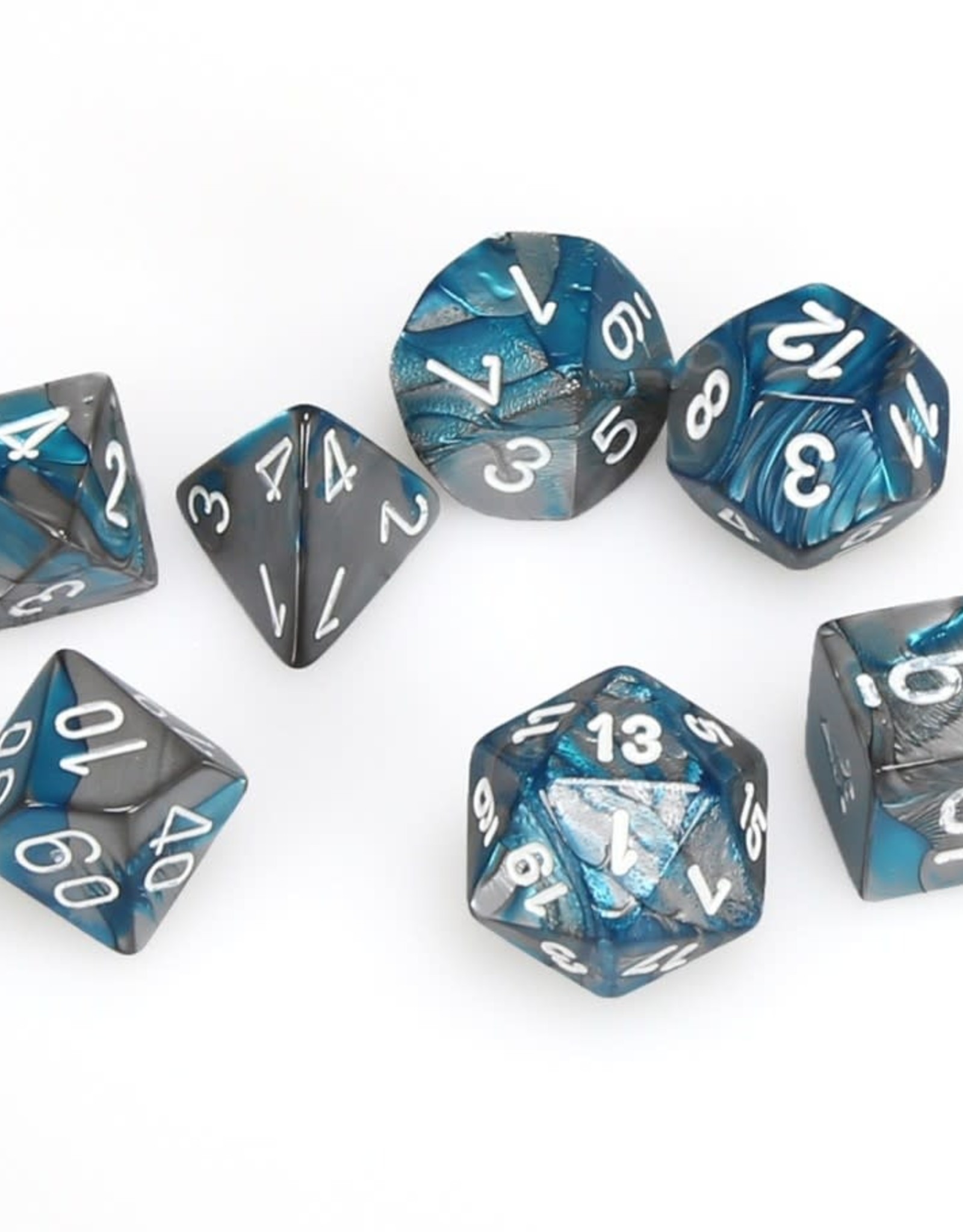 Chessex CHX Gemini Dice: Steel-Teal/White Poly 7-Die Set 26456