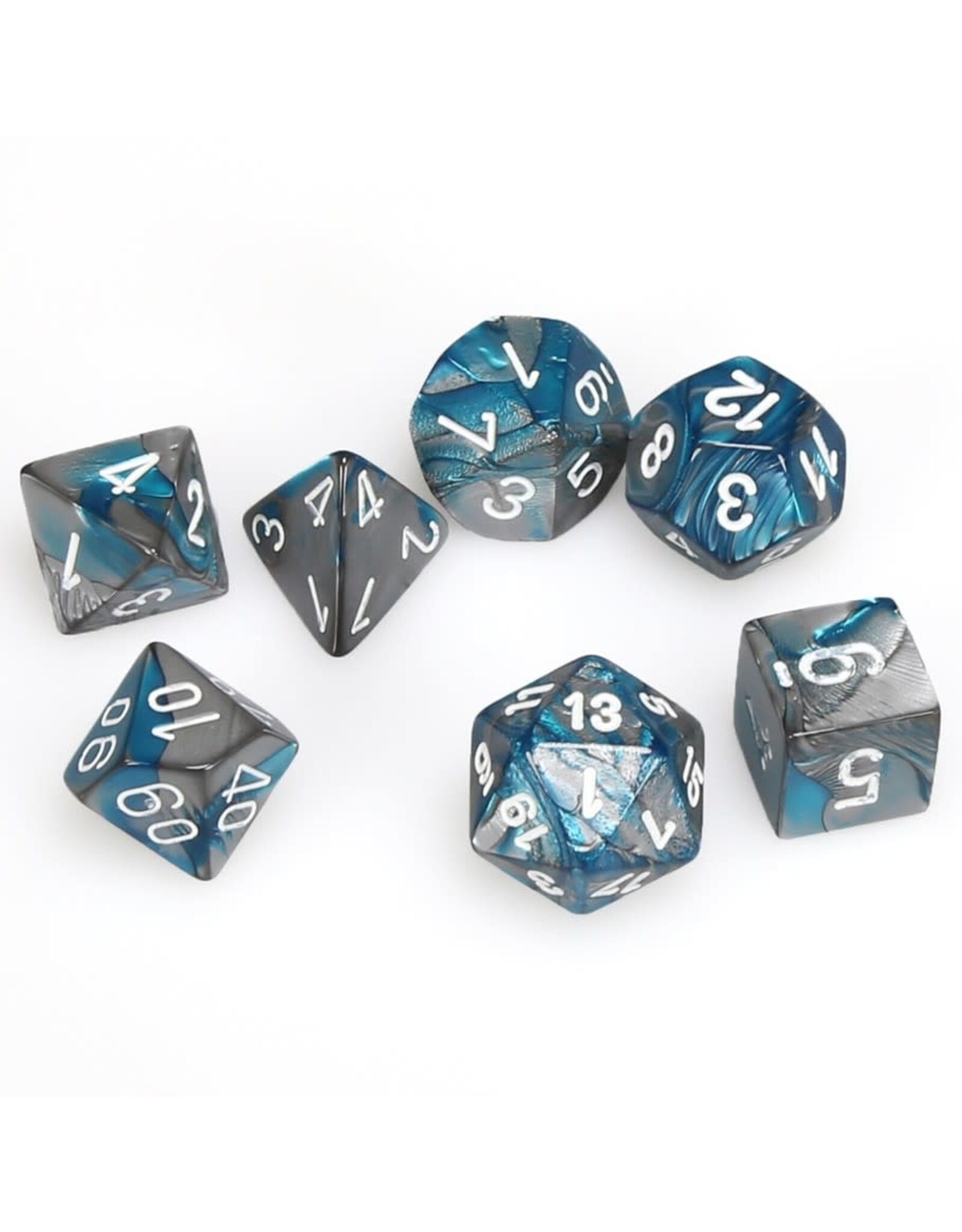 Chessex CHX Gemini Dice: Steel-Teal/White Poly 7-Die Set 26456