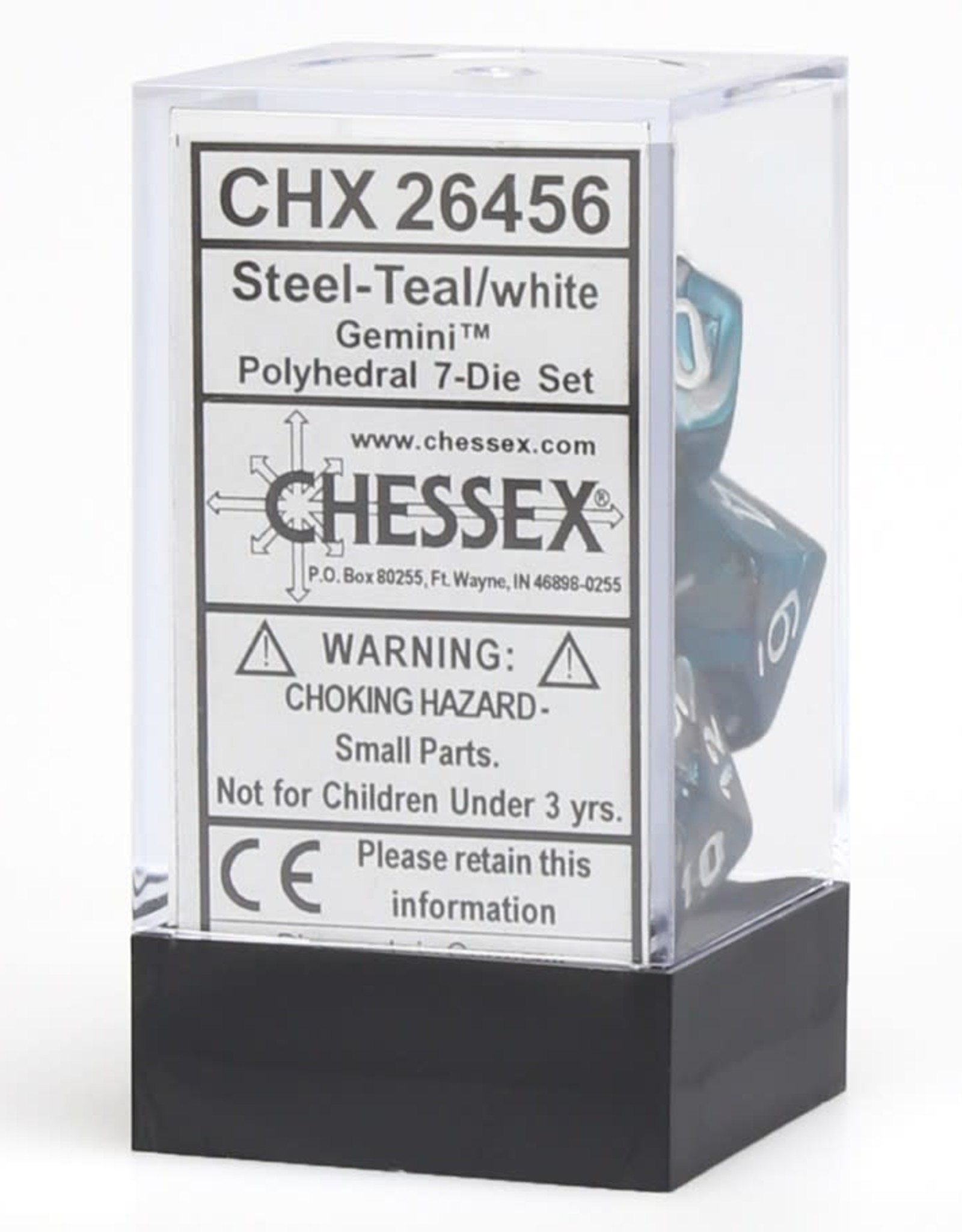 Chessex CHX Gemini Dice: Steel-Teal/White Poly 7-Die Set 26456