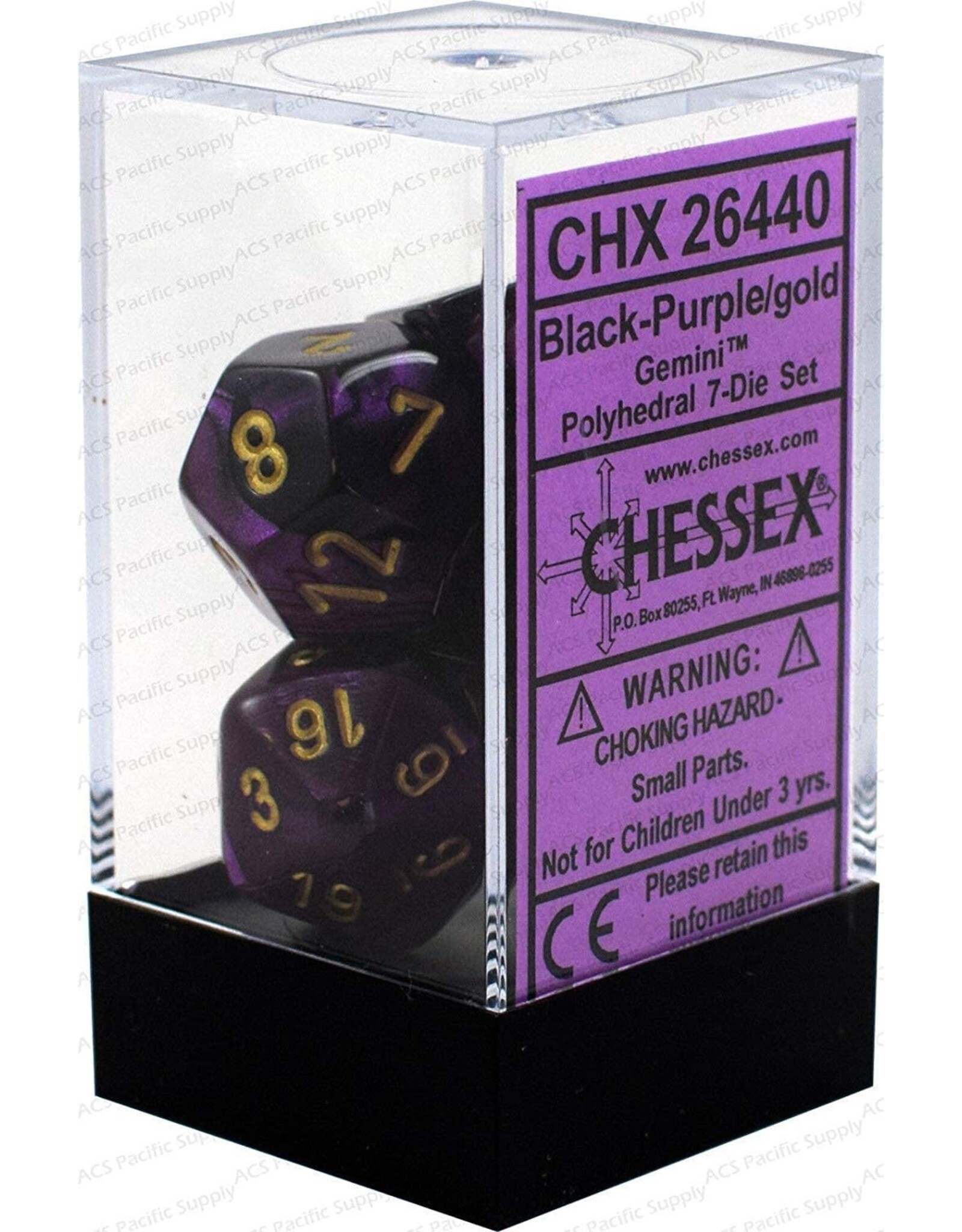 Chessex CHX Gemini Dice: Black-Purple/Gold Poly 7-Die Set 26440
