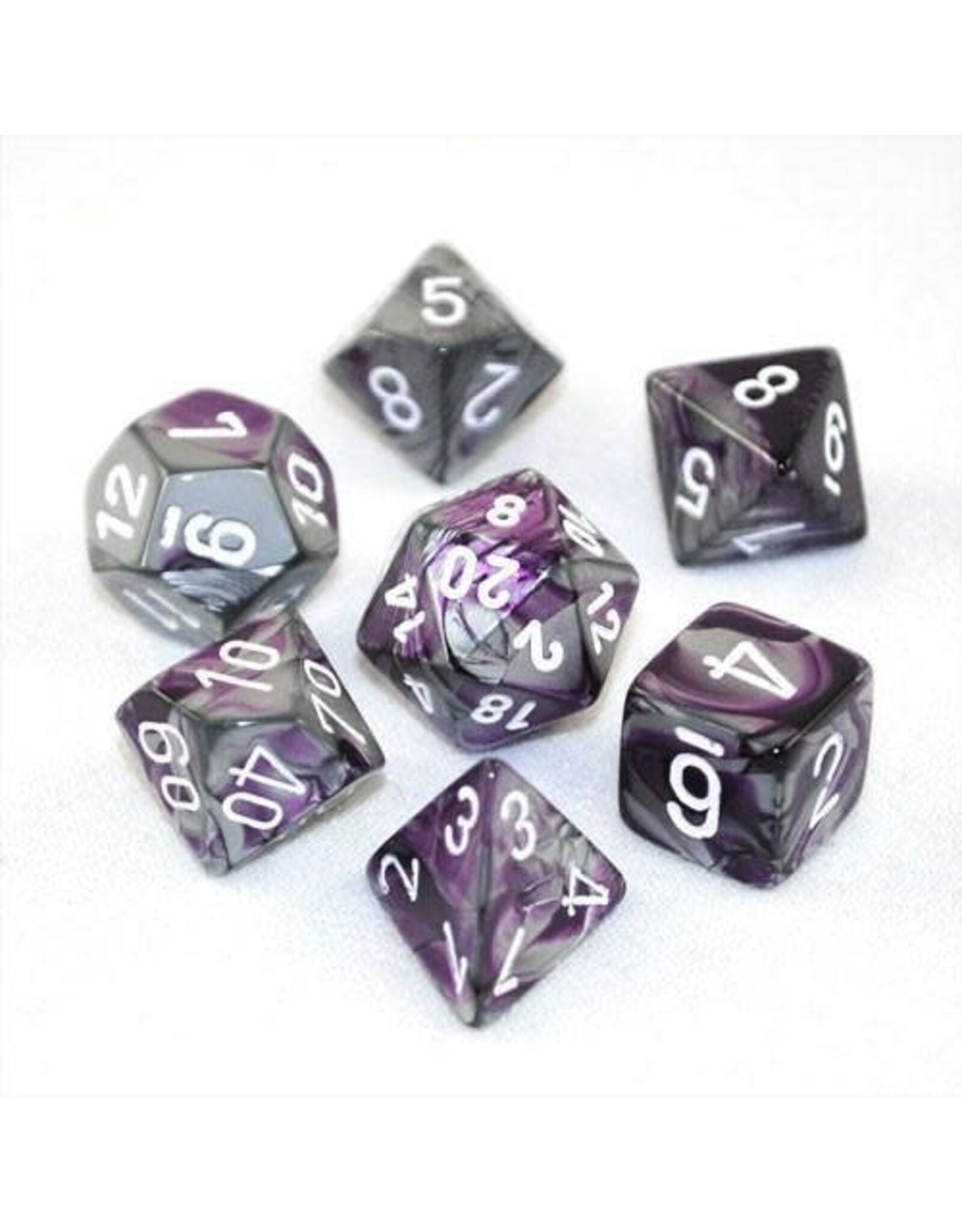 Chessex CHX Gemini Dice: Purple-Steel/White Poly 7-Die Set 26432