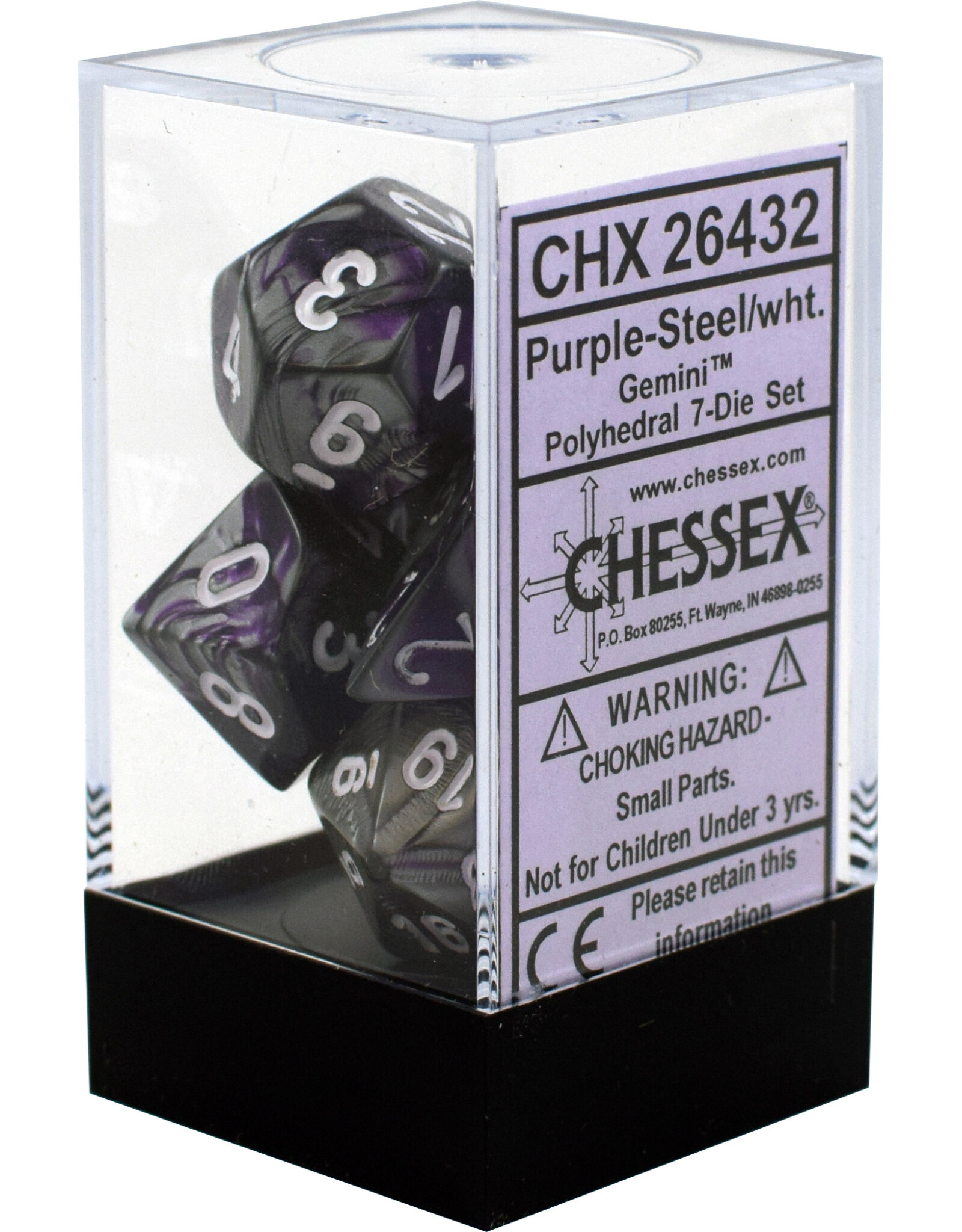 Chessex CHX Gemini Dice: Purple-Steel/White Poly 7-Die Set 26432