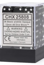 Chessex CHX Opaque Dice: Black/White 12mm d6 Block (36ct) 25808