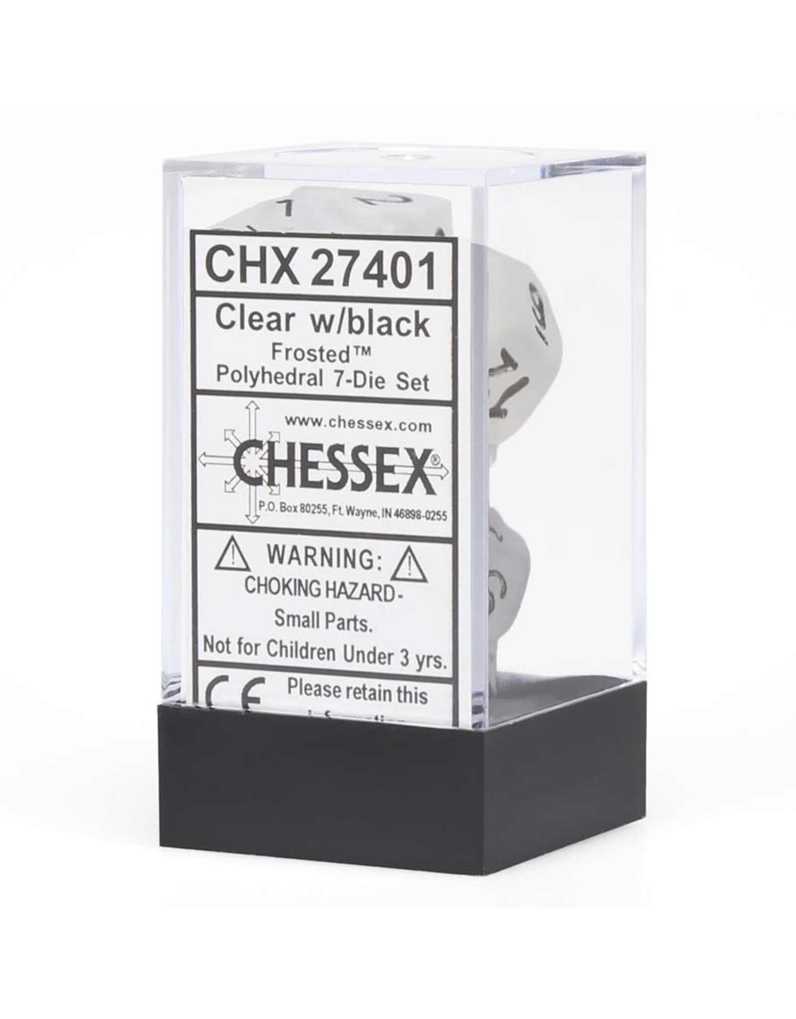 Chessex CHX Frosted Dice: Clear/Black Poly 7-Die Set 27401